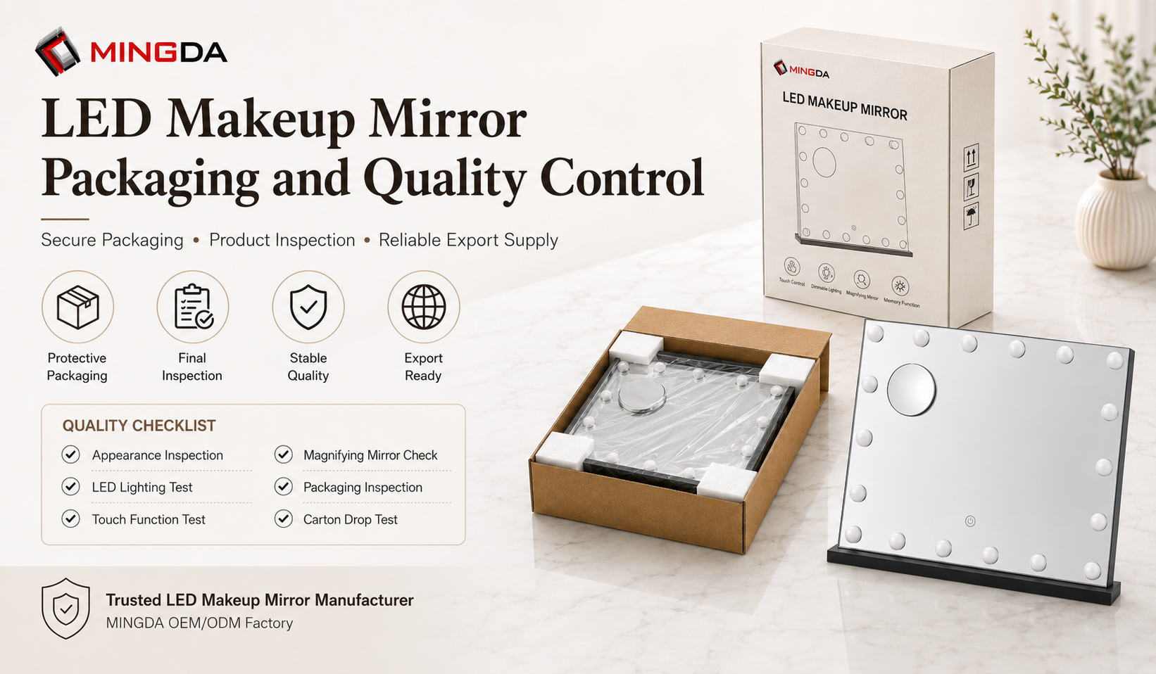 Private label makeup mirror packaging and quality control process for export orders