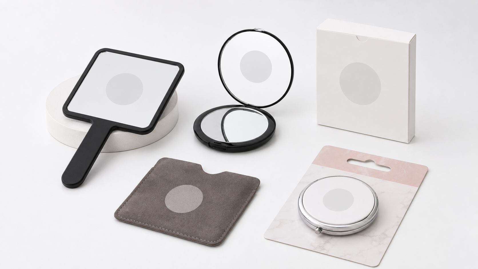 Private label handheld mirror packaging options with complete mirrors, box, pouch, and hanging card