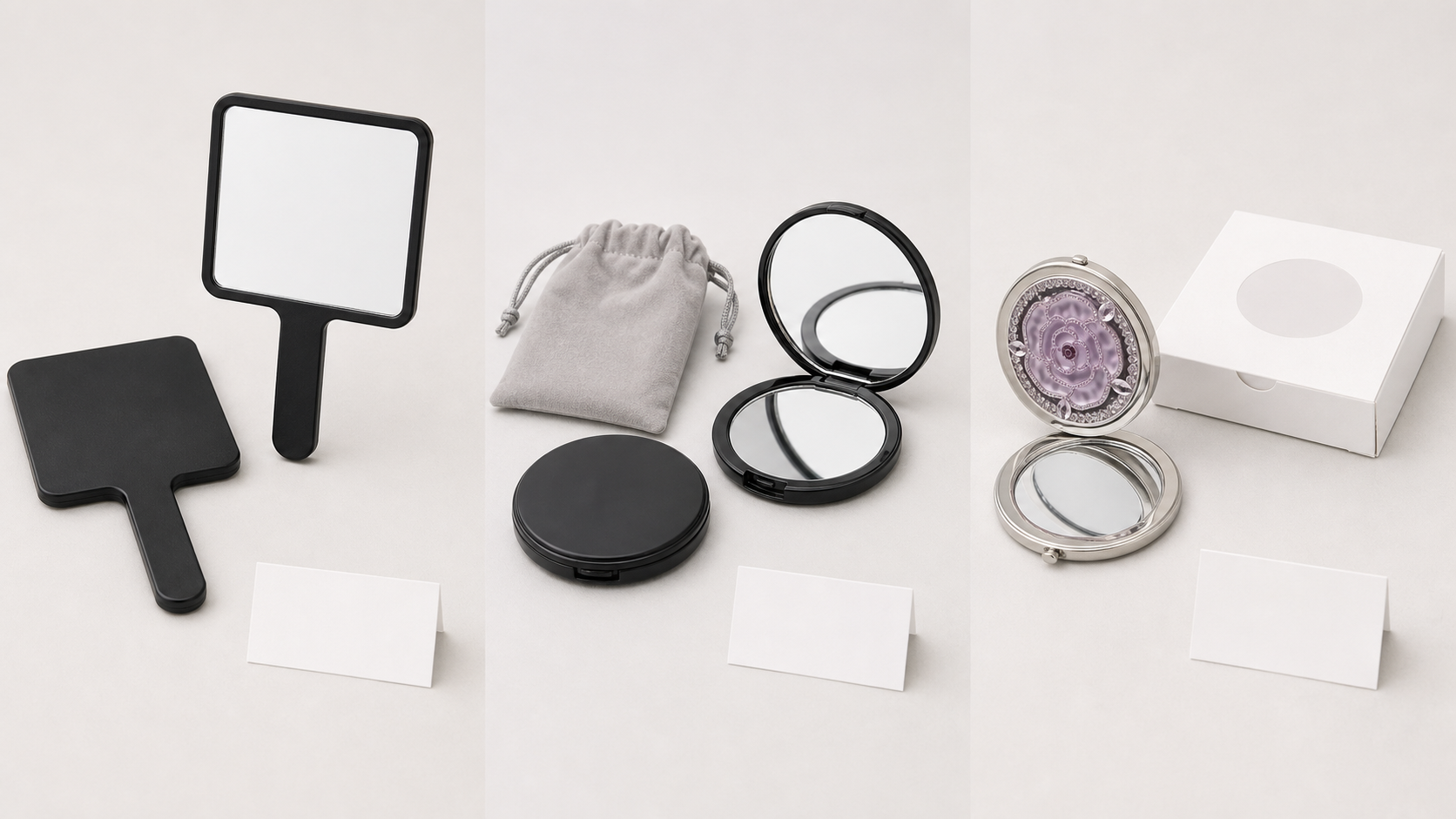 Three handheld mirror product tiers showing value salon mirror, travel compact, and premium decorative compact