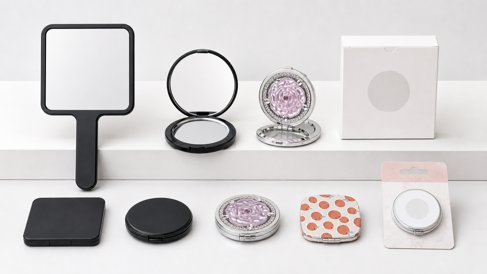 Complete handheld mirror assortment with salon mirror, travel compact, decorative compact, retail card, and blank box