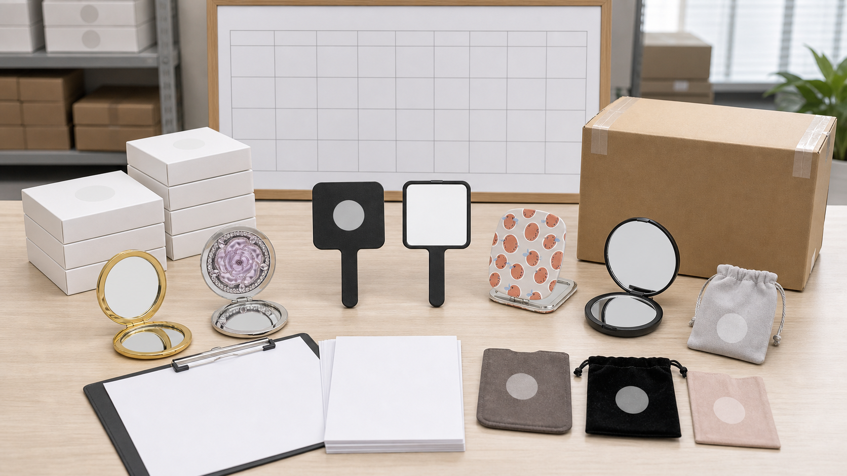 Handheld mirror MOQ and lead time planning desk with complete mirrors, blank boxes, pouch samples, carton, and calendar grid
