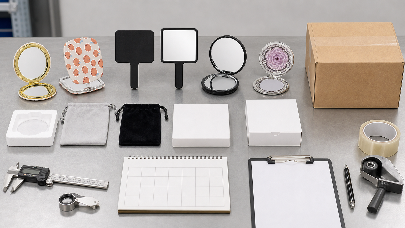 Handheld mirror packing and lead time approval setup with complete mirrors, boxes, pouches, carton, calendar grid, and inspection tools