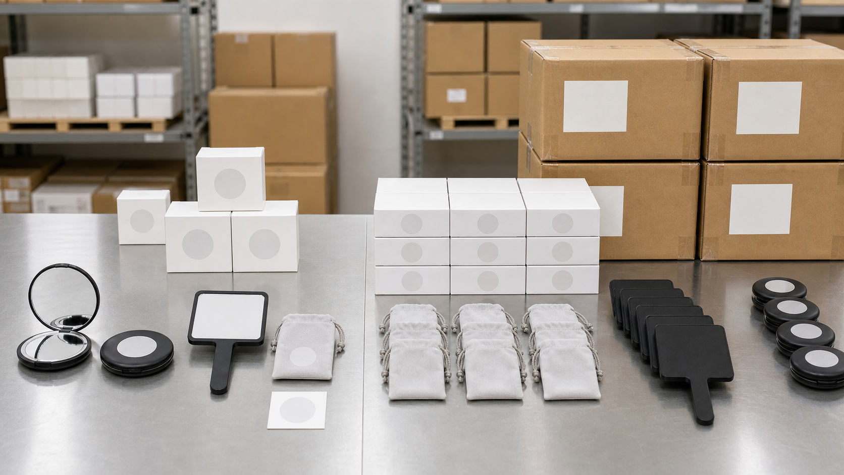 Handheld mirror replenishment planning with complete mirrors, pouches, blank boxes, and export cartons