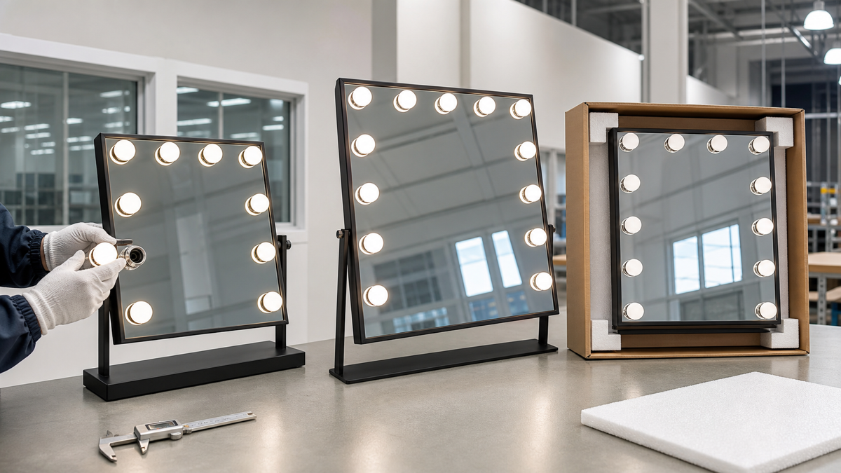 Hollywood iron-framed vanity mirrors in a factory showroom with tabletop, larger frame, and packed mirror sample