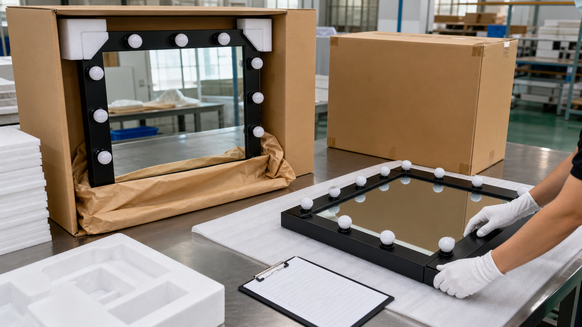Hollywood iron-framed mirror packing and quality control with foam protection and export carton