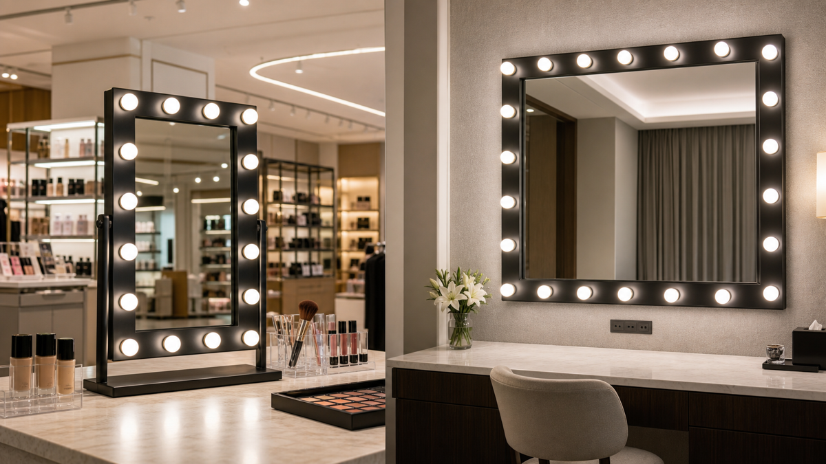Tabletop and wall-mounted Hollywood vanity mirrors for retail display and project installation