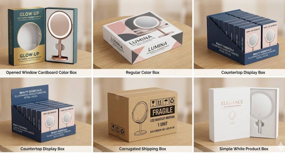 Private-label LED makeup mirror packaging options for retail and e-commerce buyers