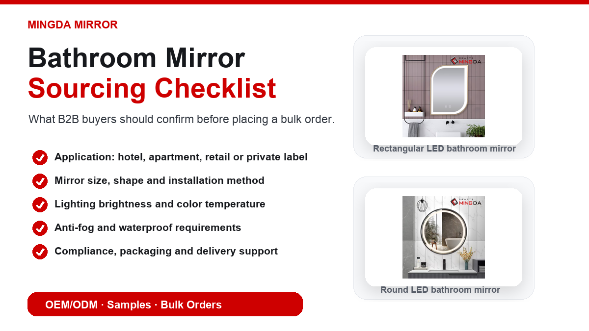 LED bathroom mirror sourcing checklist with rectangular and round bathroom mirrors