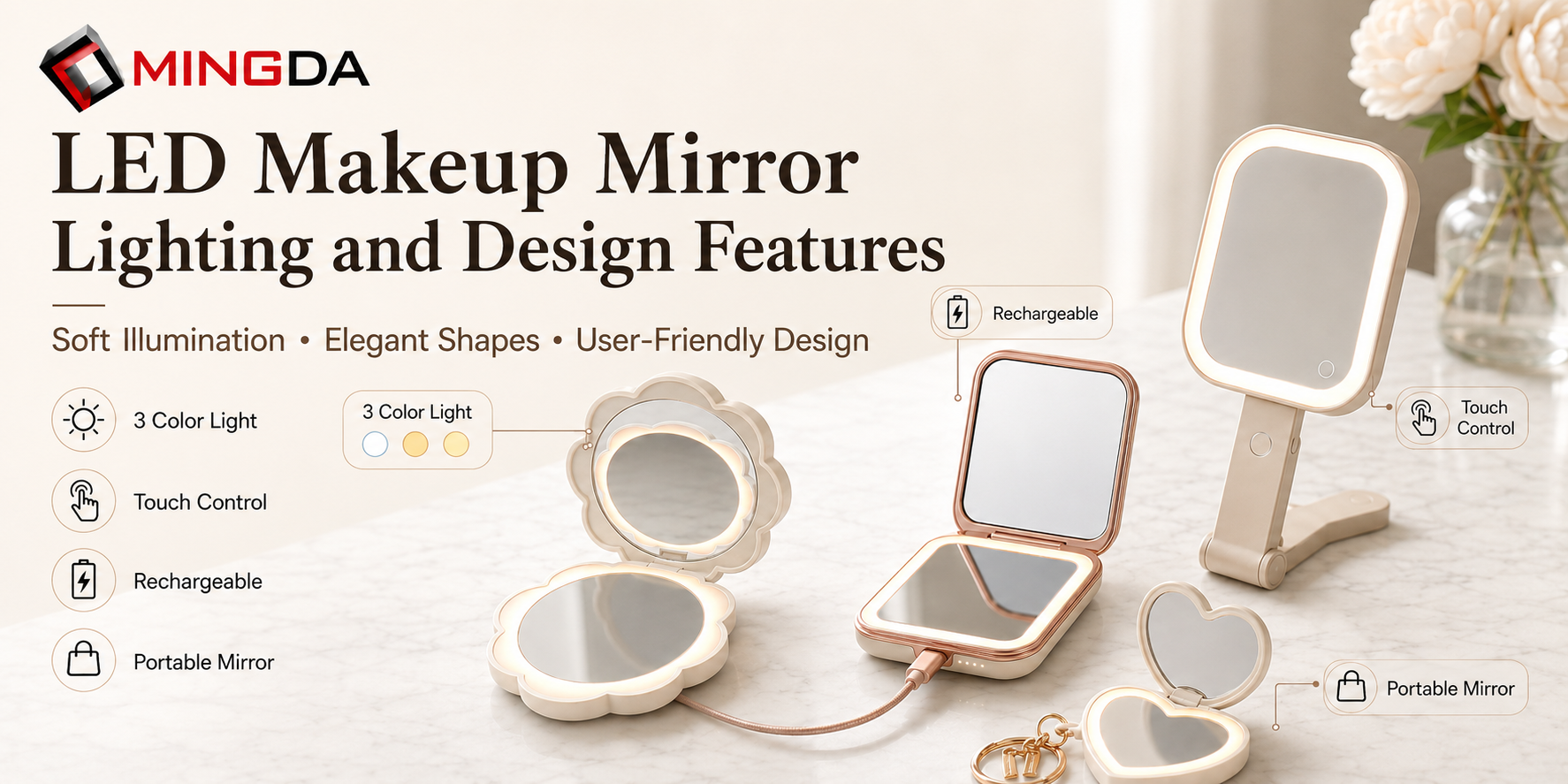 LED makeup mirror lighting and design features for sourcing