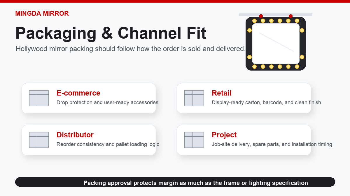 Hollywood mirror packaging quality control scene for tabletop and wall mounted mirror channel fit