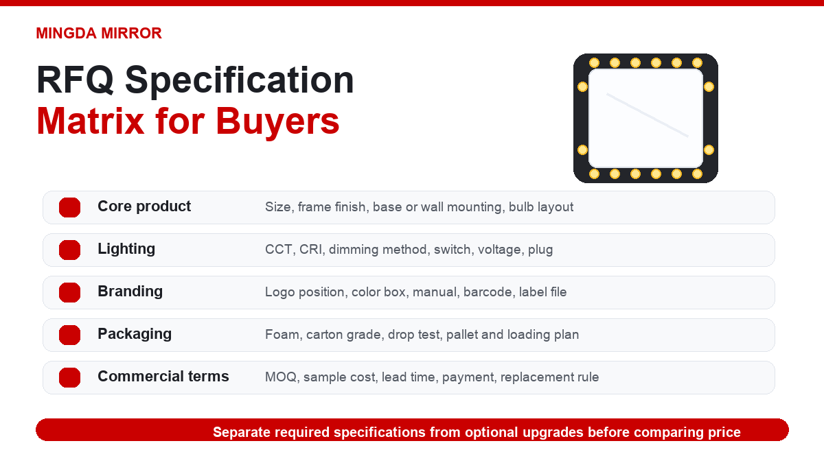 Hollywood mirror RFQ specification matrix for size lighting bulbs plugs packaging and customization