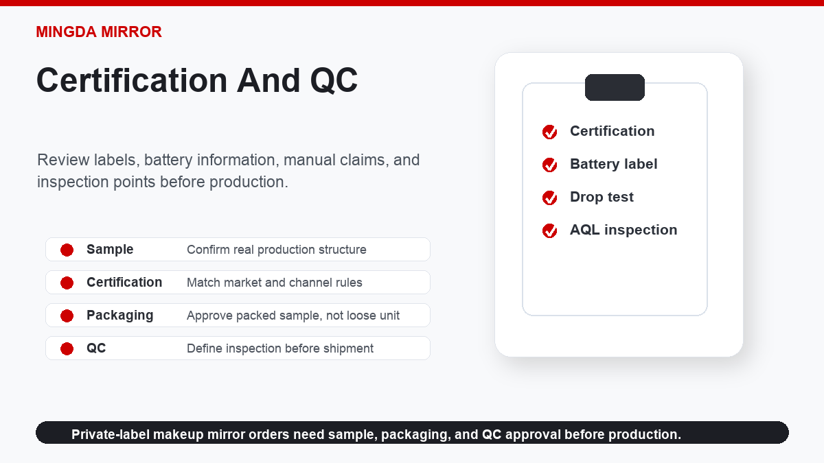 Makeup mirror certification and QC checklist for battery label packaging marks and inspection