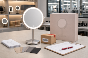 Private-label LED makeup mirror sample with packaging, carton, material swatches, and QC inspection sheet