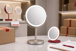 Photoreal OEM vs ODM LED makeup mirror sourcing scene with complete tabletop mirror compact mirror packaging and sample approval props