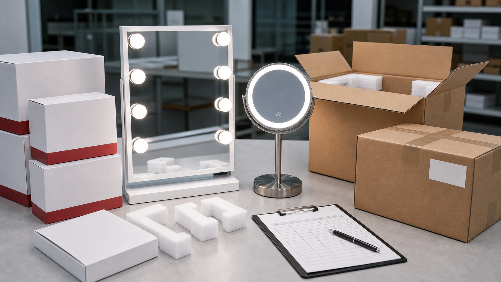 Bulk mirror packaging QC table with LED handheld mirror carton protection barcode labels and inspection checklist