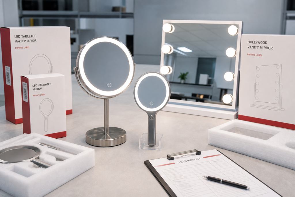 Custom mirror packaging approval scene with complete LED makeup mirror handheld mirror Hollywood mirror private label boxes foam inserts and QC checklist