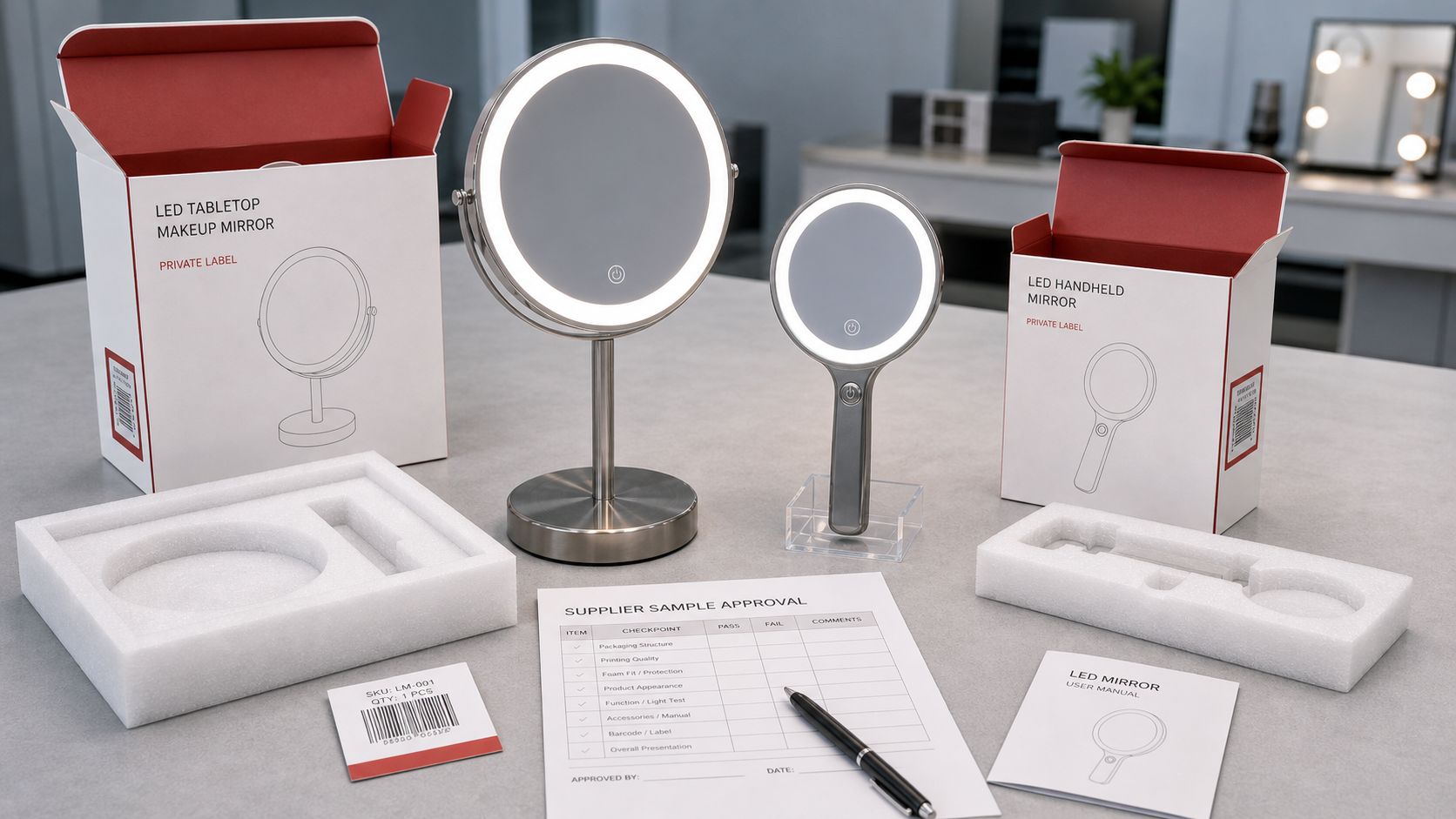 Custom mirror packaging sample approval setup with complete LED makeup mirror color box foam insert labels and QC sheet