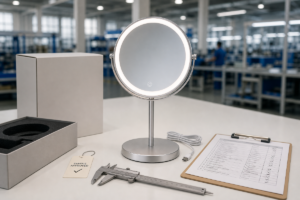 Mirror development process cover with complete LED makeup mirror sample approval packaging calipers and factory production background