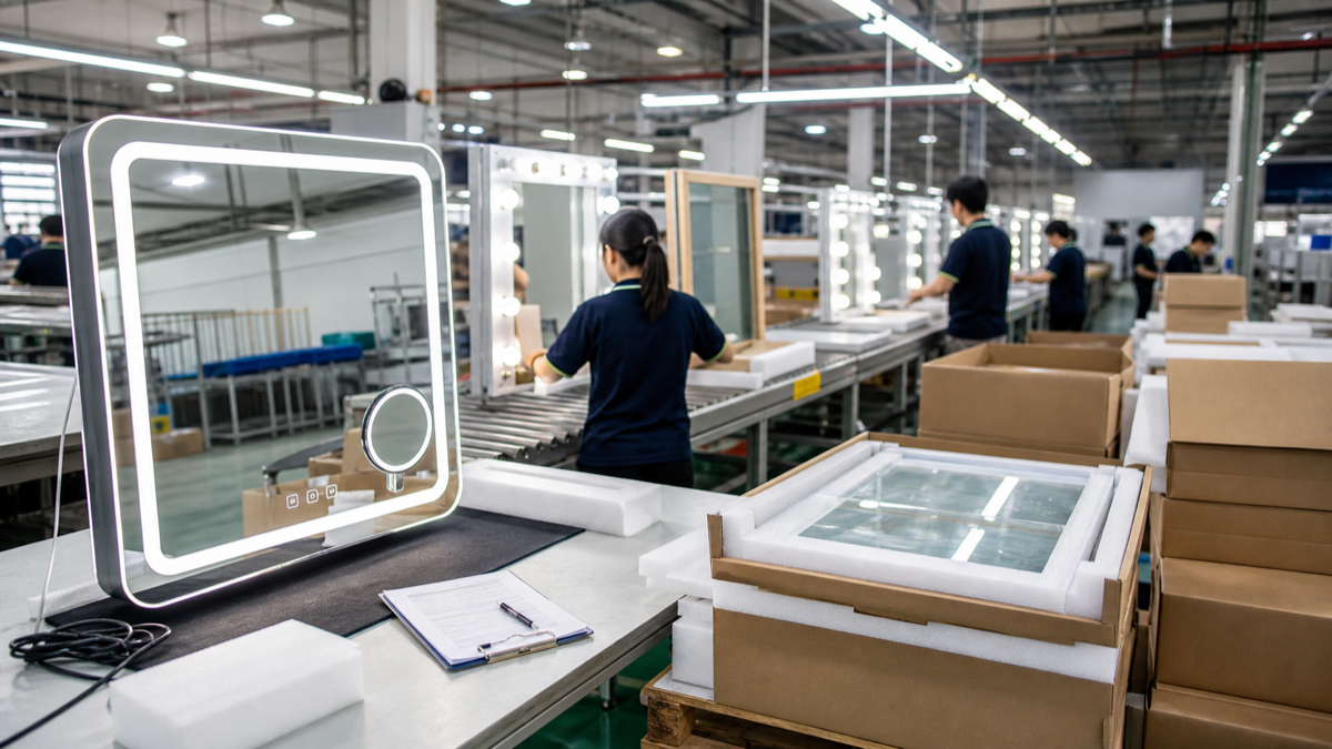 LED mirror mass production QC and packing line with Hollywood vanity mirrors foam protectors and cartons