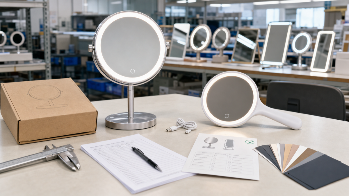 LED makeup mirror sample approval table with packaging swatches QC sheets and measurement tools