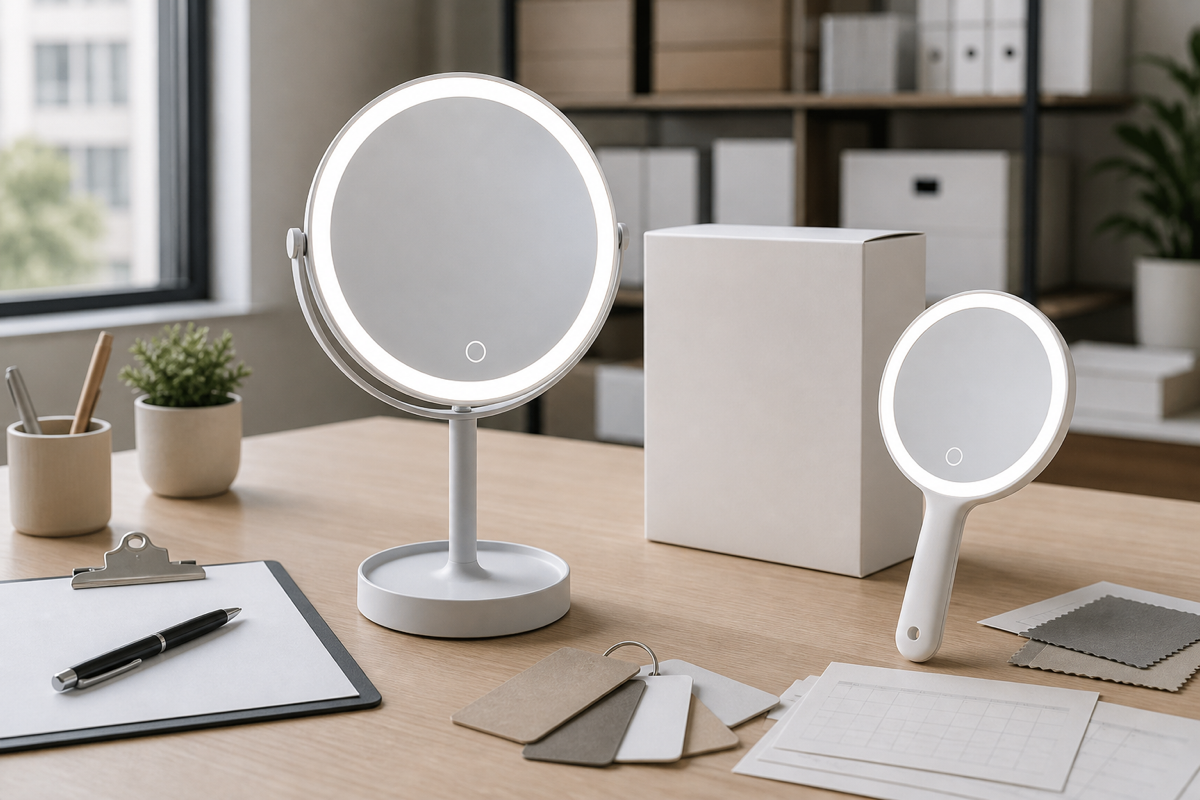 Private label LED mirrors reviewed with packaging and production planning materials.