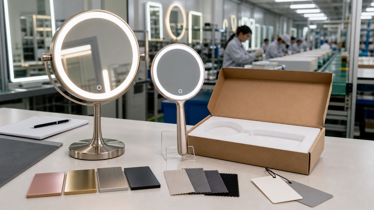 LED mirror samples, packaging insert, finish swatches, and factory production line for private label planning.