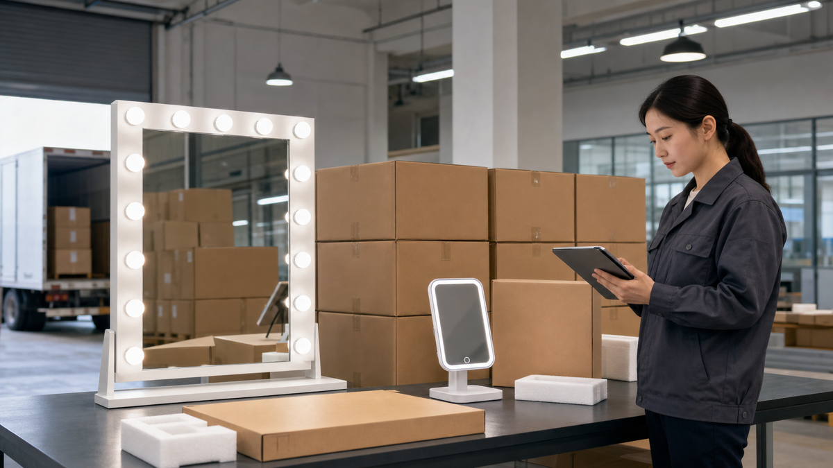 Hollywood mirror and LED mirror shipment area with cartons, foam protection, and QC review before export.