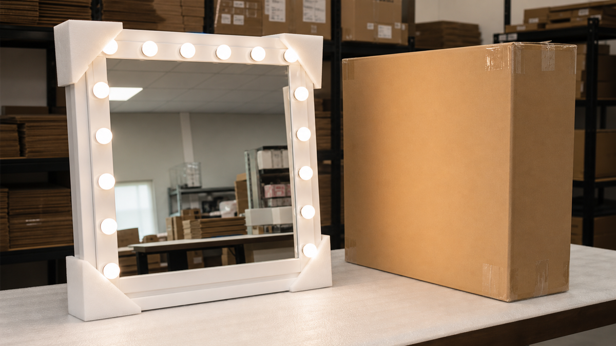 Complete Hollywood mirror with protective packaging for return-risk control