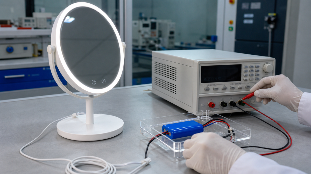 Rechargeable LED makeup mirror battery and electrical safety testing