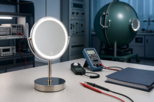 LED makeup mirror certification and electrical test report review in a laboratory