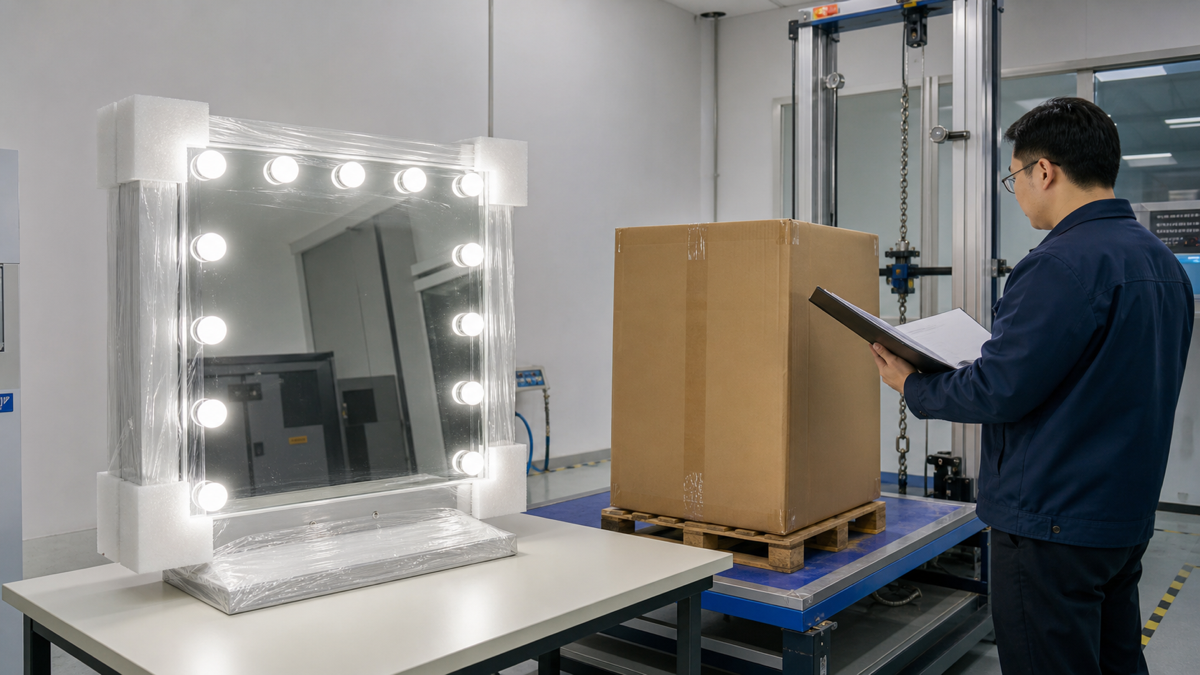 Complete Hollywood mirror and packaging prepared for transit testing