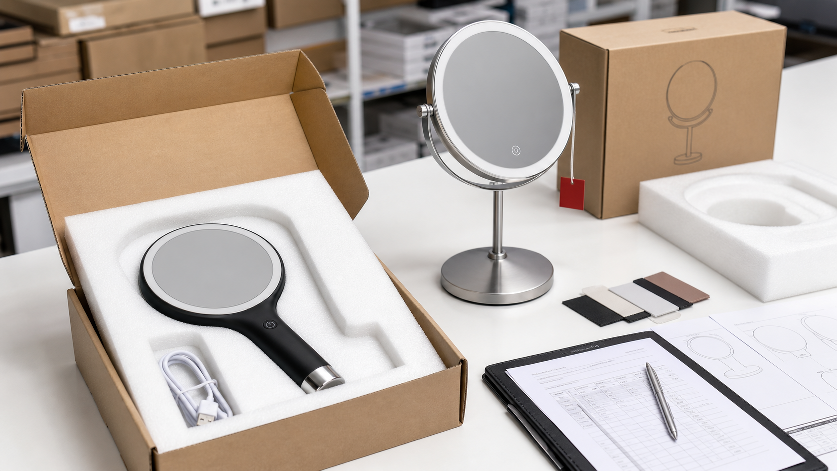 Mirror packaging, sample tray, and RFQ review materials before supplier selection