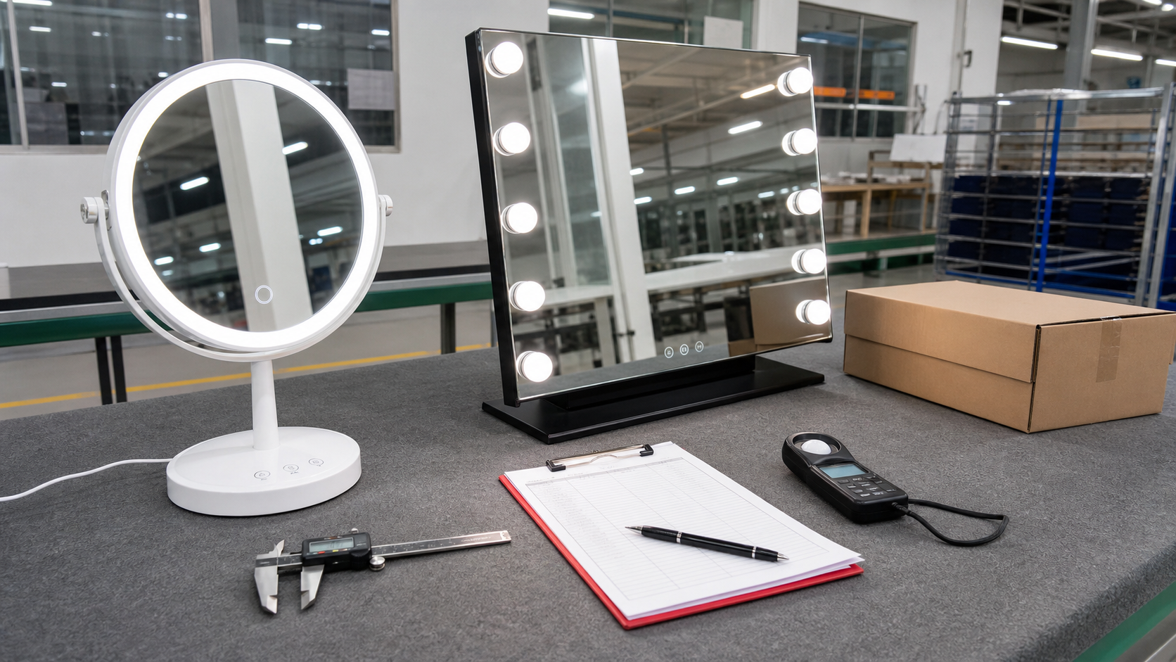 LED makeup mirror and Hollywood mirror samples under factory QC review
