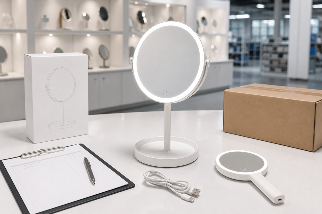 LED makeup mirror, handheld mirror, packaging, and sourcing review materials for a buyer checklist