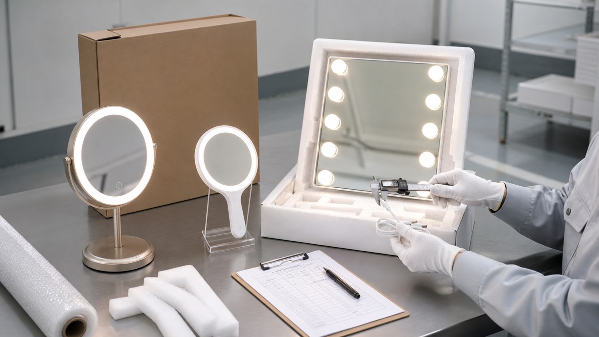 LED makeup mirrors, handheld mirror, Hollywood mirror packaging, carton, and QC inspection prepared before shipment.