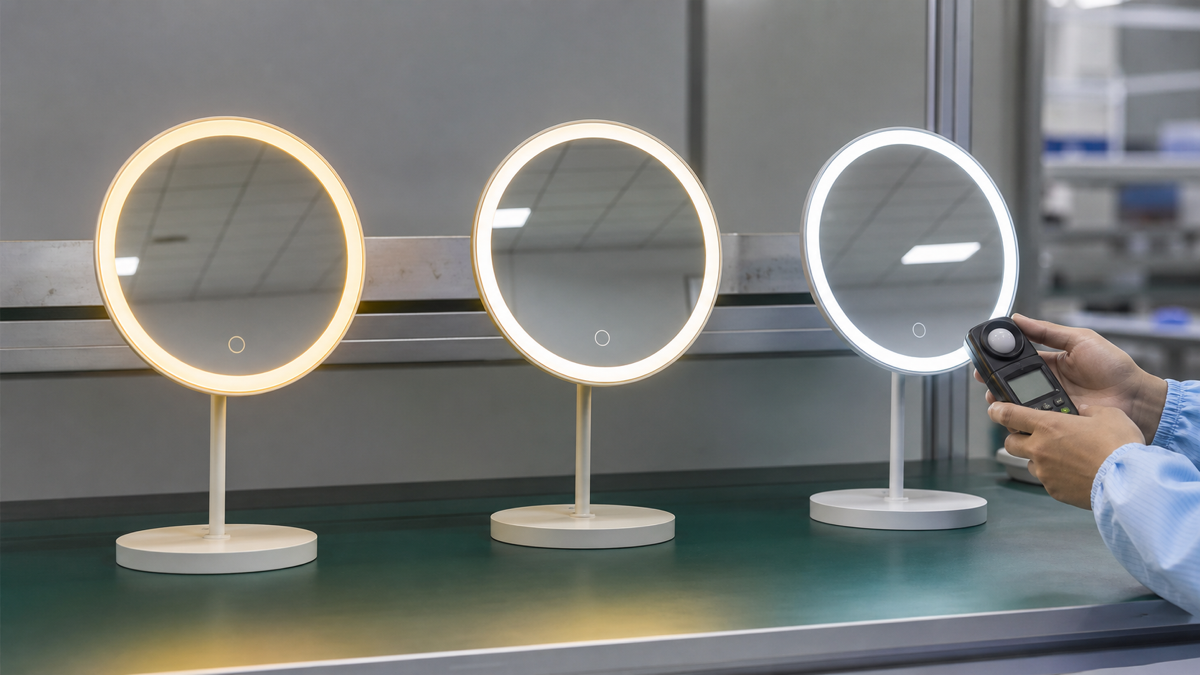 Three complete LED makeup mirror samples showing warm, neutral, and cool white light during factory CCT and brightness testing.