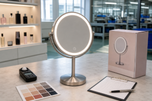 Complete LED tabletop makeup mirror with light meter, color card, packaging, and QC materials