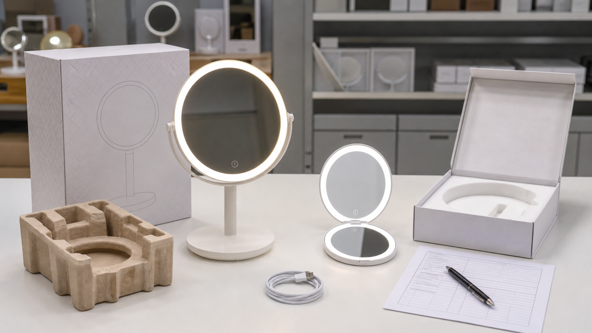 Rechargeable LED tabletop makeup mirror, compact mirror, USB-C cable, packaging insert, and sample review materials before bulk approval.