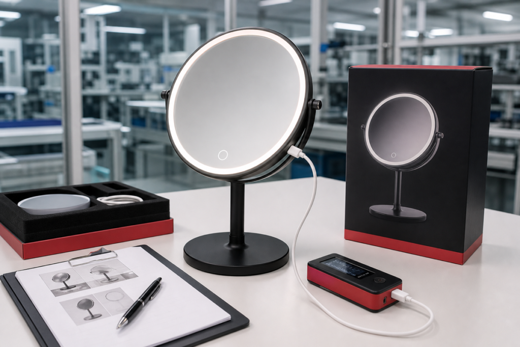 Complete rechargeable LED makeup mirror with USB-C cable, battery tester, approval sheet, and packaging