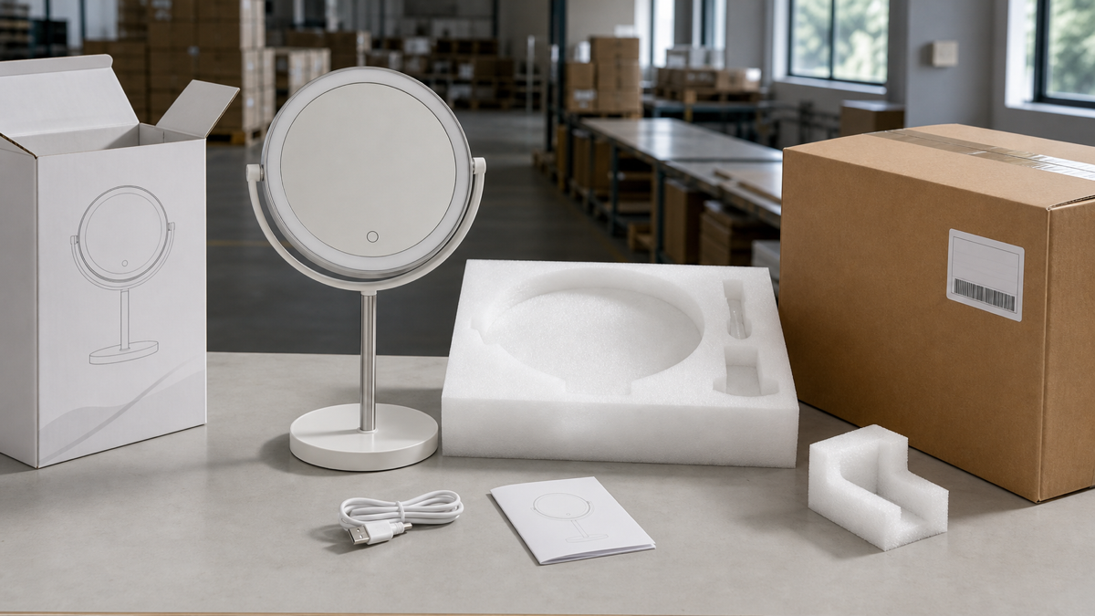 Rechargeable LED makeup mirror packaging and USB-C accessory review before shipment