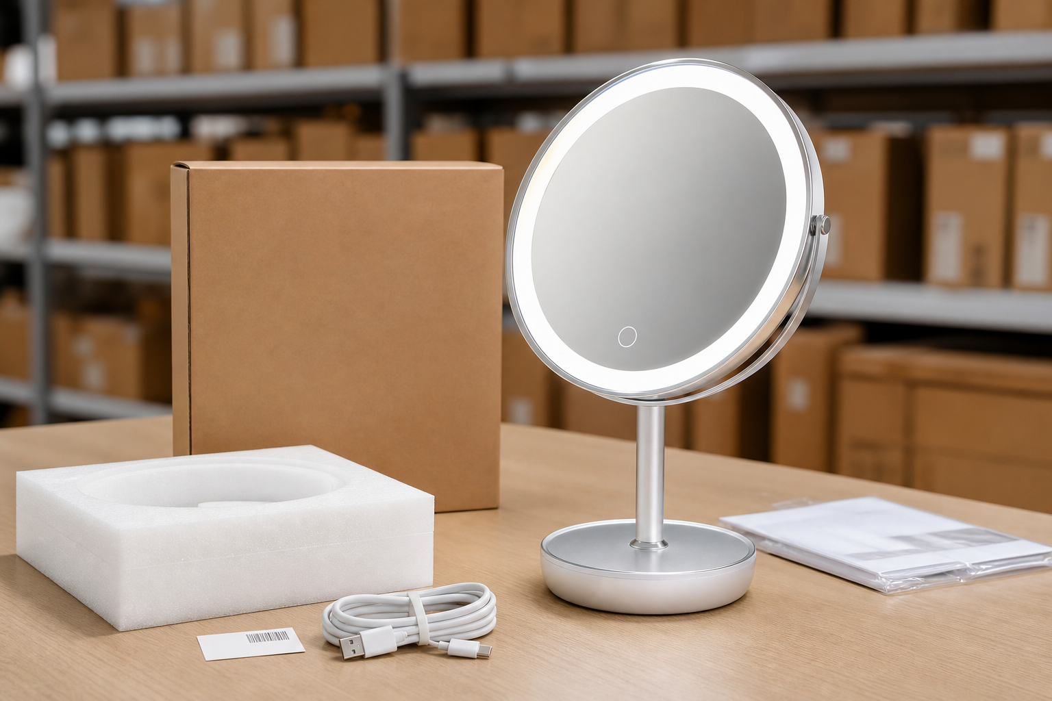Complete rechargeable LED makeup mirror prepared with carton, foam insert, USB-C cable, and FBA-style label props