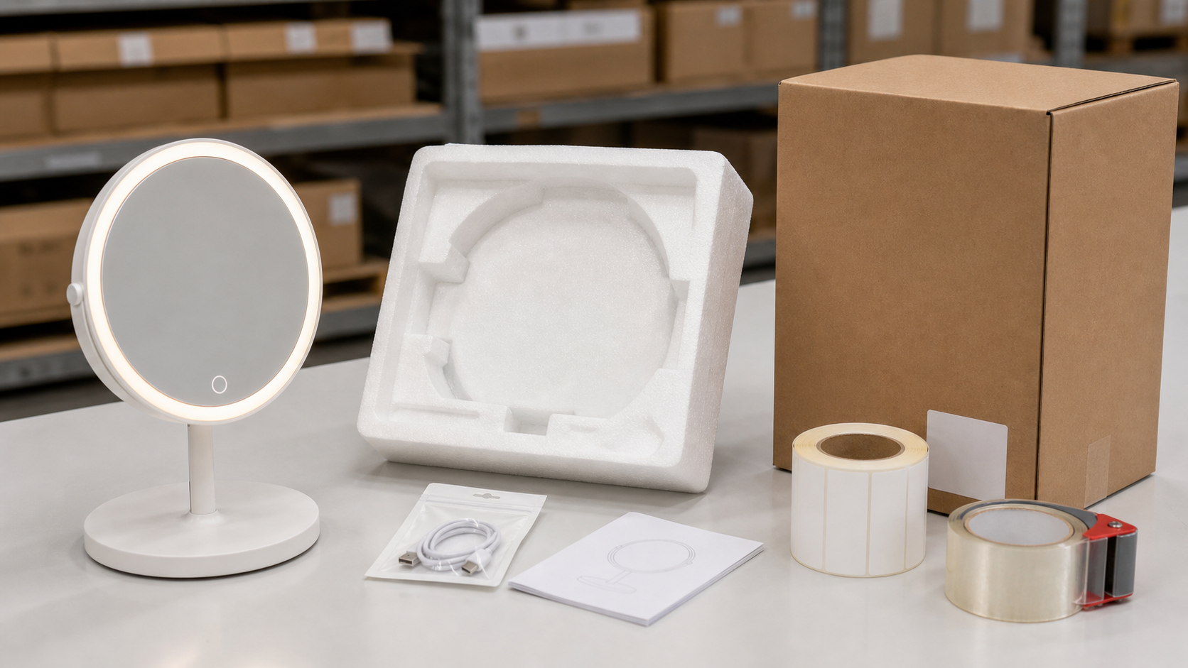 Rechargeable LED makeup mirror packaging with foam insert, USB-C cable pouch, manual, label roll, and export carton