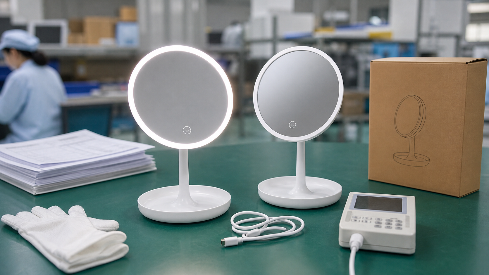 Rechargeable LED makeup mirrors under battery runtime and USB-C charging QC review before e-commerce shipment