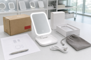 Complete travel-size rechargeable LED makeup mirror with packaging and sample approval props