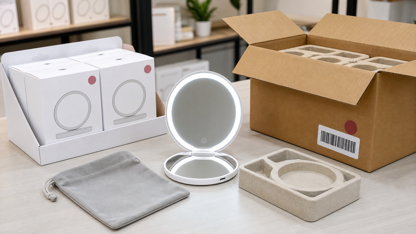 Compact rechargeable LED makeup mirror with retail display packaging, pouch, protective insert, and export carton