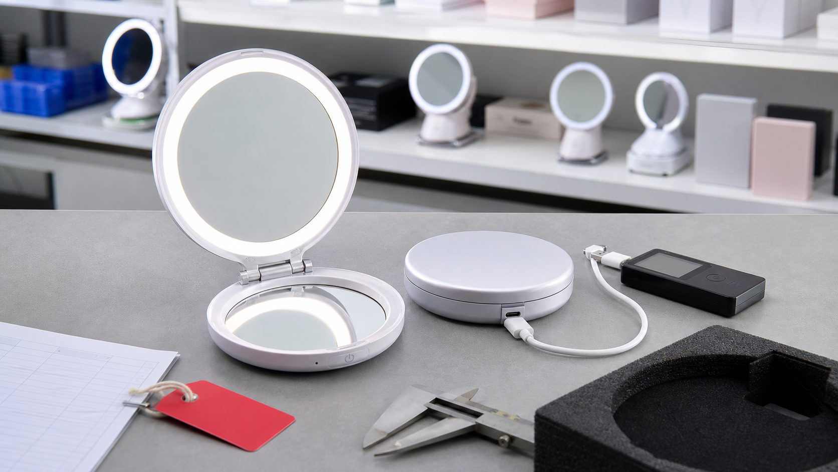 Travel-size rechargeable LED makeup mirrors under USB-C charging and hinge stability QC review