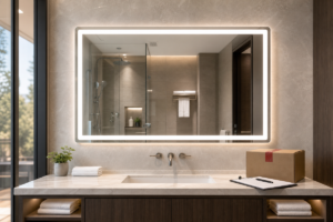 Complete LED bathroom mirror hotel project scene with packaging and inspection props
