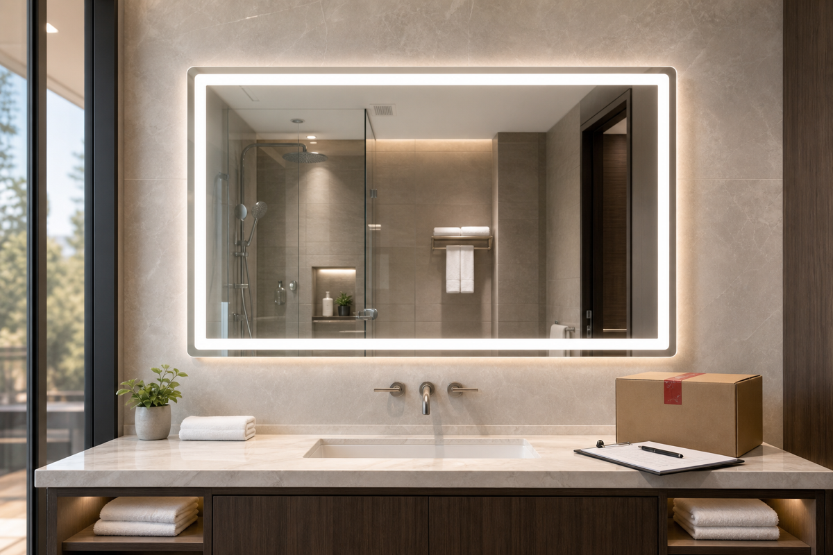 Complete LED bathroom mirror hotel project scene with packaging and inspection props