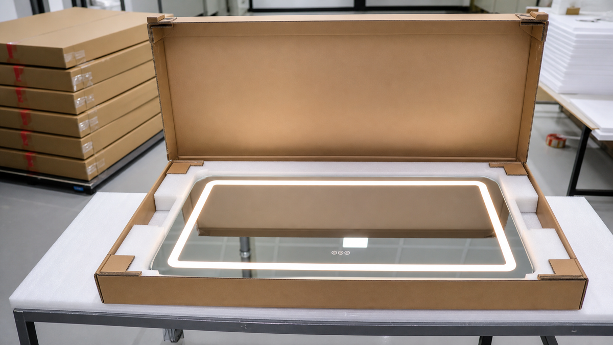 LED bathroom mirror packed in protective foam and export carton for project delivery