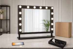 Complete Hollywood vanity mirror with LED bulbs spare parts and sample carton for buyer evaluation